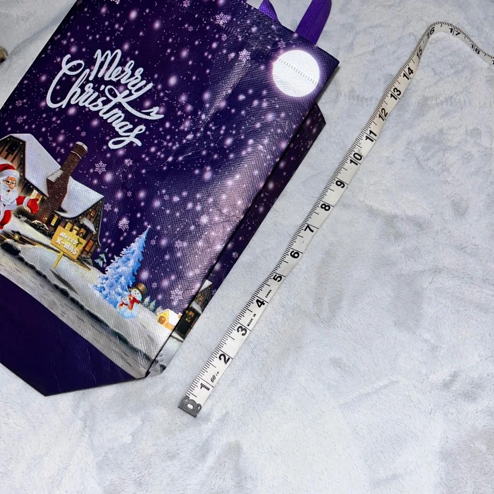 Purple Merry Christmas Reusable Gift Bag Santa Claus Winter‎ Scene Tote